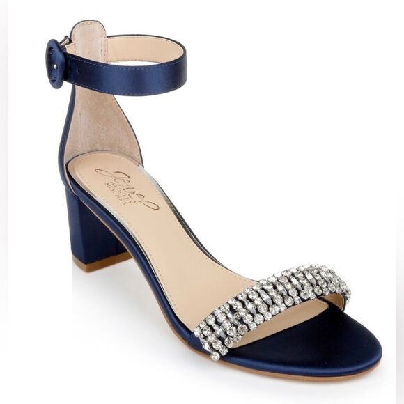Badgley  Mischka Jewel Elegant Navy Blue Heeled Sandals with Rhinestone Detail - Picture 1 of 12